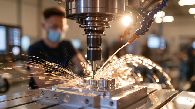 cnc milling machine cutting a complex metal part with precision cutting tool in a modern factory while a worker in a cap operates equipment in the background