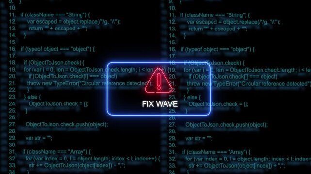 Dynamic digital programming interface featuring a glowing neon warning symbol and fix wave text overlay against a scrolling background, of abstract software, source code for, cybersecurity and tech
