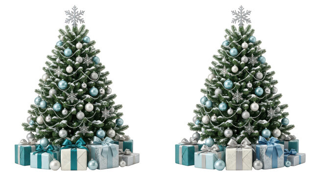 Two decorated christmas trees with blue and silver gifts isolated on transparent background