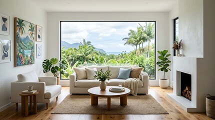 Fototapeta premium Living room with ocean view fireplace and natural decor