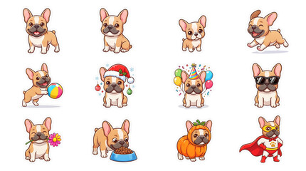 Fototapeta premium Cute French Bulldog Clipart Vector Set, 12 Isolated Poses and Themes Grid Sheet for Design Isolated on Transparent Background PNG