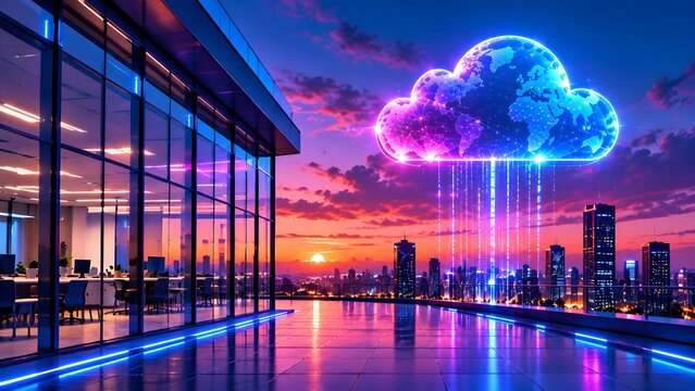 Futuristic global cloud computing concept over modern office building terrace looking at smart city skyline during vibrant sunset