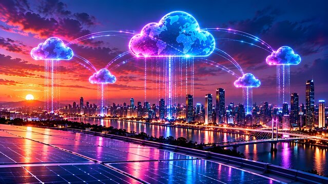 Green technology and sustainable cloud computing network concept with solar panels connecting to smart city digital infrastructure at sunset