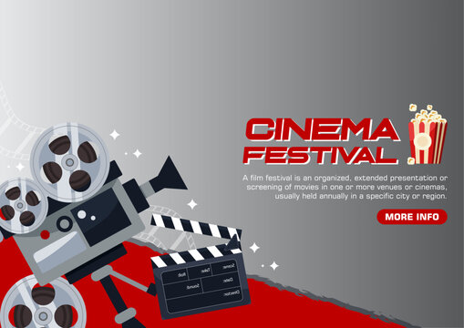Cinema movie now showing vector background. Theater curtain red stage light spotlight marquee banner film reel showtime presentation entertainment billboard design concept.
