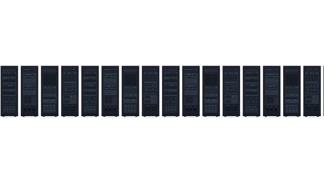 Rows of computer server racks lined up on white background