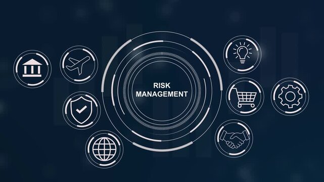 Business concept of risk management with icons for communication teamwork ideas and strategy on a red background