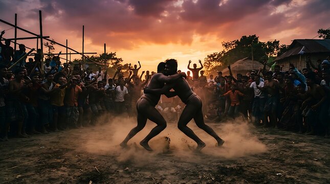 Silhouette of Traditional Bengali Wrestlers in Boli Khela Arena at Sunset
