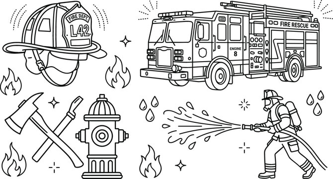 Firefighter vector icon set featuring engine truck helmet axe fire hydrant and fireman spraying hose line art illustrations