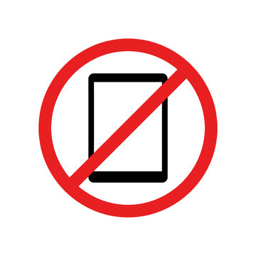 Prohibitive warning label with simple black tablet computer silhouette inside red crossed out circle restricts device usage in quiet or secure areas.