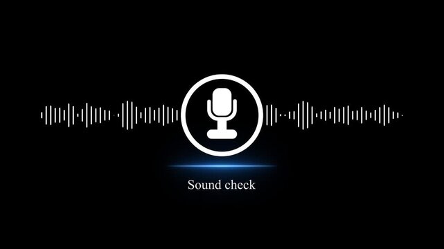 White microphone icon with audio sound wave spectrum and Sound check text animation isolated on black background. Voice recording, podcast, speech recognition motion graphic element.