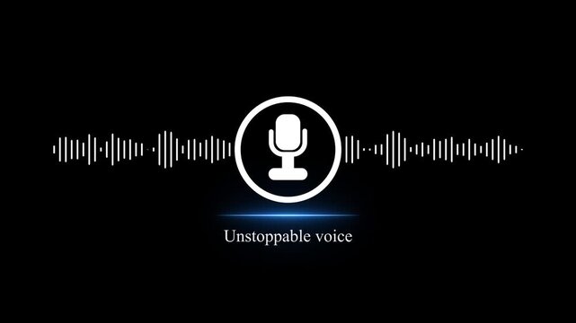 White microphone icon with audio sound wave spectrum and Unstoppable voice text animation on black background. Voice recording, podcast, speech recognition motion graphic element.