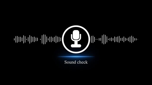 White microphone icon with audio sound wave spectrum and Sound check text animation isolated on black background. Voice recording, podcast, speech recognition motion graphic element.
