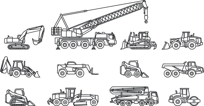Heavy construction machinery and vehicle line icon set featuring crane excavator bulldozer dump truck loader and grader vector