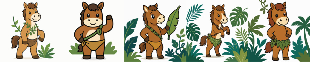 Obraz premium A set of cute and adorable vector horses standing and dressed in Tarzan jungle costumes.
