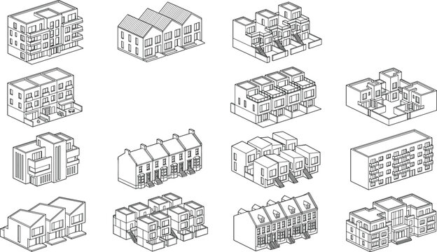 Isometric residential buildings and real estate outline icons vector set featuring townhouse complexes apartments homes and architecture designs