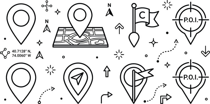 Map pin pointer and navigation GPS location line art vector illustration collection set featuring digital route tracking icons