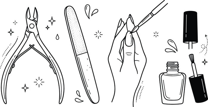 Manicure and nail care salon beauty outline vector set featuring nippers file hand brush polish bottle elements