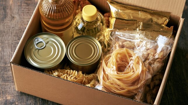 Food donation box with canned goods, cooking oil, dry pasta, and packaged food items ready for charity or emergency supply support and relief efforts
