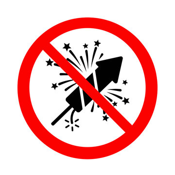 No fireworks prohibition sign with black rocket explosion silhouette behind red diagonal slash circle on transparent background for pyrotechnic safety warnings.