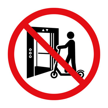 Prohibiting electric kick scooter inside elevator with red circle stroke warning sign flat icon isolated on gray transparent background for subway station.