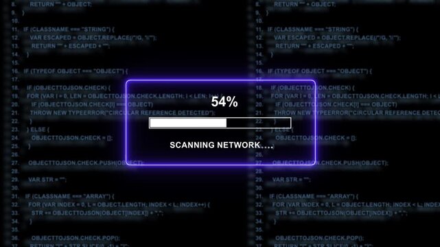 Dynamic digital progress bar loading interface with glowing purple neon frame overlaid on scrolling software source code background, for cybersecurity, data, processing, network scanning, and tech