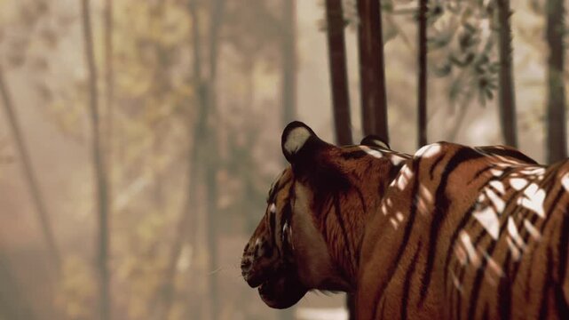 A powerful tiger stands quietly amidst tall trees, basking in the soft morning light. Shadows dance on its vibrant fur as it takes in the tranquil beauty of its natural habitat.