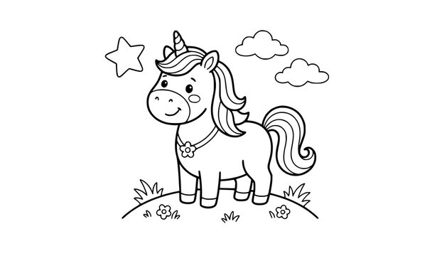 A simple friendly unicorn coloring page for children, cute unicorn standing with rounded body, small horn, flowing mane and fluffy tail, one large star and two simple clouds around it, thick smooth bl