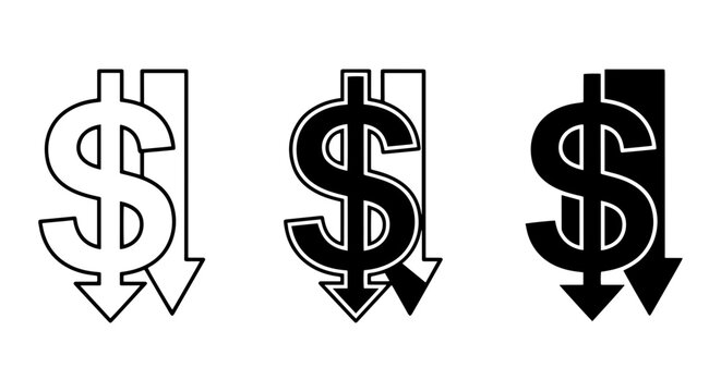Dollar Sign Down Arrows: Financial Loss Icons, Economic Decline Symbols, Money Decrease Graphics