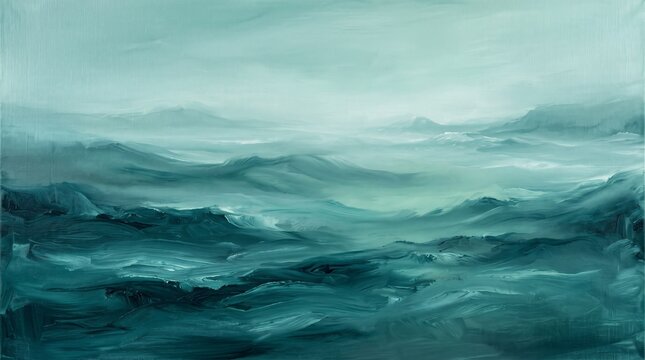 A serene abstract painting depicting rolling hills or ocean waves in shades of deep teal and soft mist