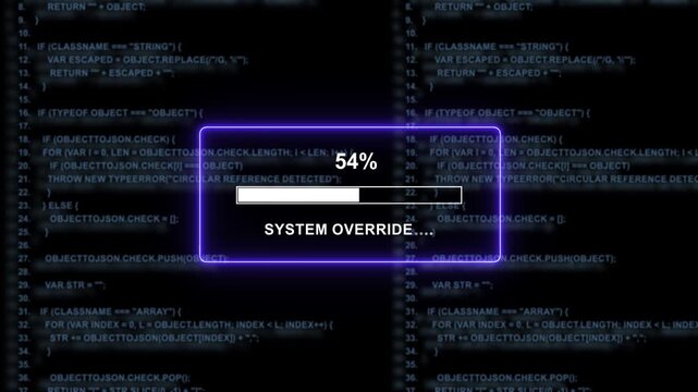 Cybersecurity system override progress bar animation featuring scrolling javascript source code background, for advanced hacking, software development, data, breach, and futuristic, digital technology