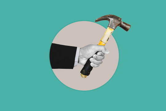 Digital collage modern art. Hand holding old hammer

