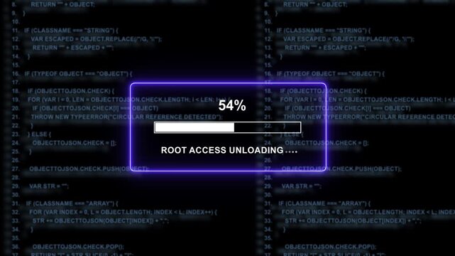 Cybersecurity root access loading progress bar overlay with dynamic digital programming code background, for high-tech software, development, hacking simulation, system update, and, advanced data