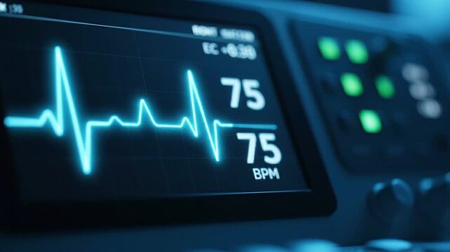Medical heart rate monitor displaying a steady pulse rhythm on a digital screen in a hospital room