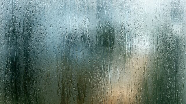 Close-up of wet glass window with water droplets and blurred background creating abstract rainy weather effect and textured surface detail