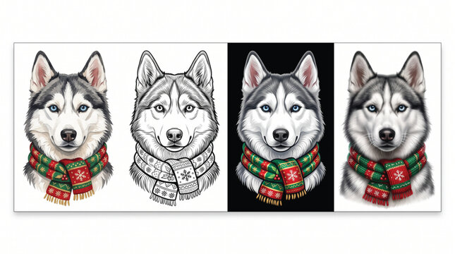 Siberian Husky Dog Vector Panels Set with Winter Christmas Scarf and Line Art Illustration