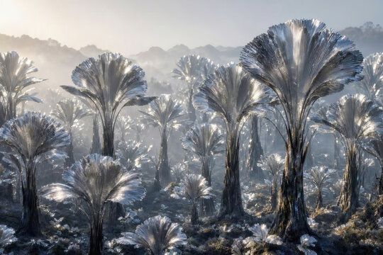 Thousands of Biological Mirrors Reflect Soft Sunlight in an Alien Forest