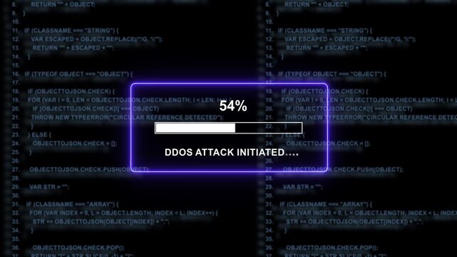 Cyber security threat visualization featuring a progress bar indicating a ddos attack initiated against a server system with scrolling source code background, for network vulnerability, and hacking