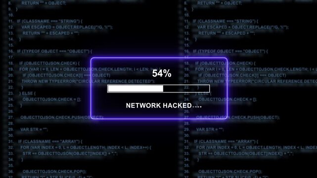 Cyber security breach concept featuring a dynamic progress bar loading screen with network hacked warning text overlaid on scrolling software source code background, for technology and digital