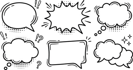 Pop art comic speech bubble and retro cloud message line icon pack featuring dynamic halftone conversation text boxes © MST