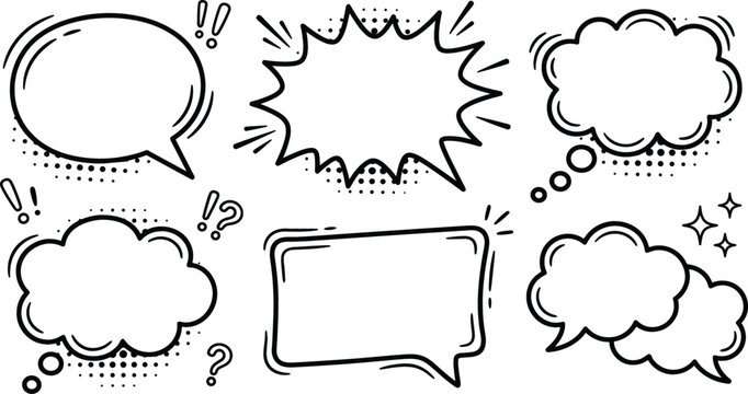 Pop art comic speech bubble and retro cloud message line icon pack featuring dynamic halftone conversation text boxes