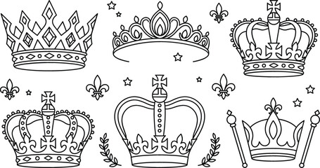Royal crowns and tiaras linear vector icon set featuring king queen imperial headwear fleur de lis and scepter © MST
