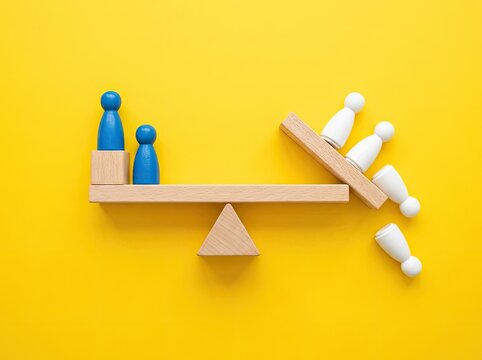 Blue wooden figures balancing on a seesaw as white figures fall ideal for business strategy symbolizing competitive advantage and imbalance