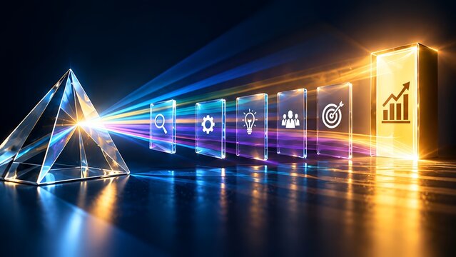 Conceptual prism refracts light into icons representing business strategy innovation teamwork and goals leading to financial growth.