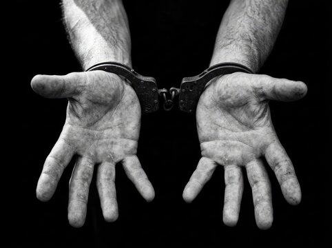 Handcuffed male dirty hands open against a dark background ideal for legal and justice concepts representing captivity crime and loss of freedom