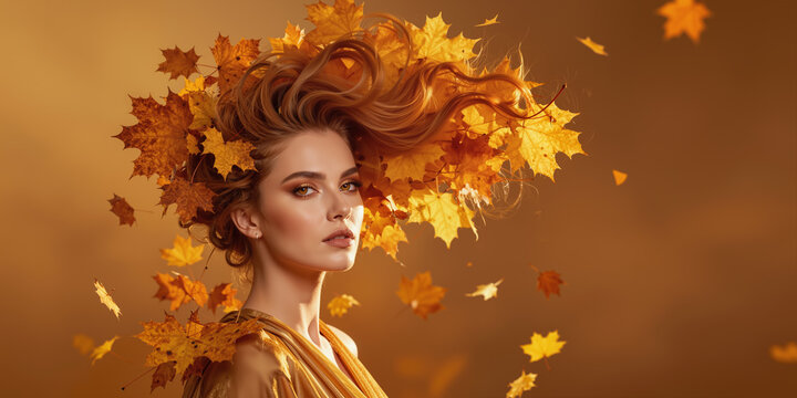 Elegant woman make up, autumn fashion beauty model, golden hair red maple leaves, warm orange yellow tones Serene nature spirit Fall glow look Vogue style time mood Art shot leaf vibes Cozy grace care