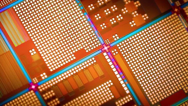 Macro view of semiconductor silicon wafer showing microscopic patterns of integrated circuits on advanced microchip processor die.