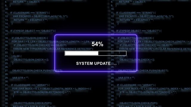Dynamic system update progress bar overlay with scrolling programming code background, for advanced software, development, cyber security, artificial intelligence, and, futuristic digital technology