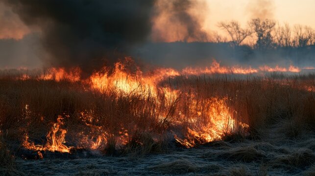 Intense wildfire spreading through dry grassland with dark smoke rising against dusk sky in natural outdoor environment