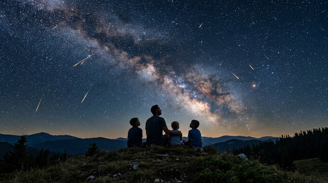 Family watching the Milky Way and meteor shower in the mountains