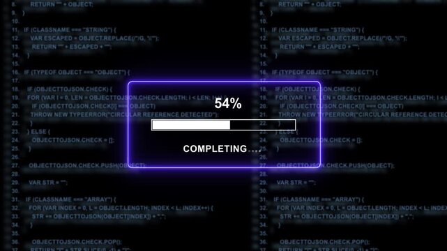 Dynamic digital progress bar loading interface overlaid on scrolling software source code background, for high-tech computing, cyber security, data, processing, and advanced, programming software